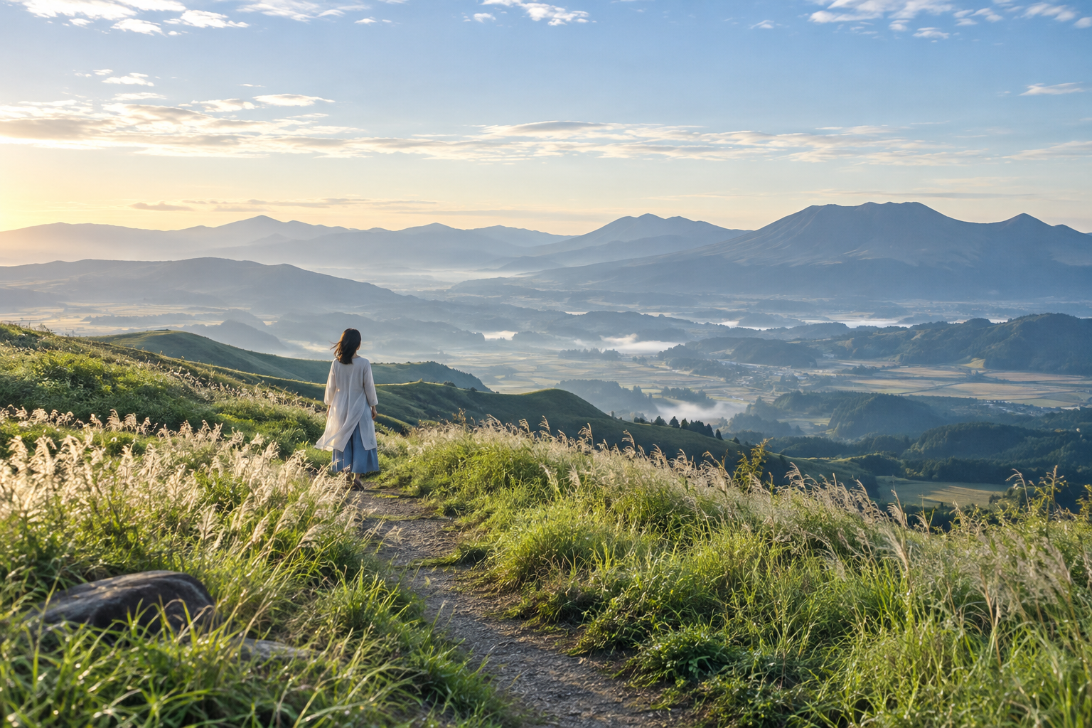 山並みと朝の光を見渡す草原に、一人の後ろ姿が立つ